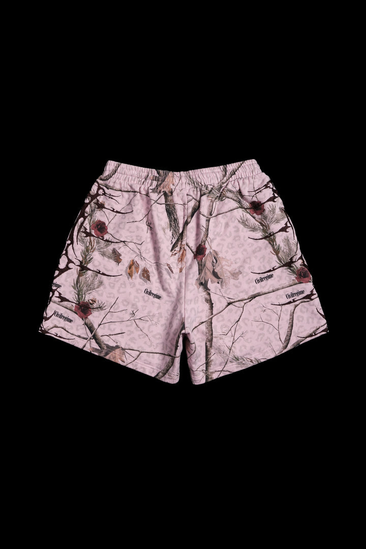 Core Brigade Baggy Shorts in Baby Pink Real Leopard Camo