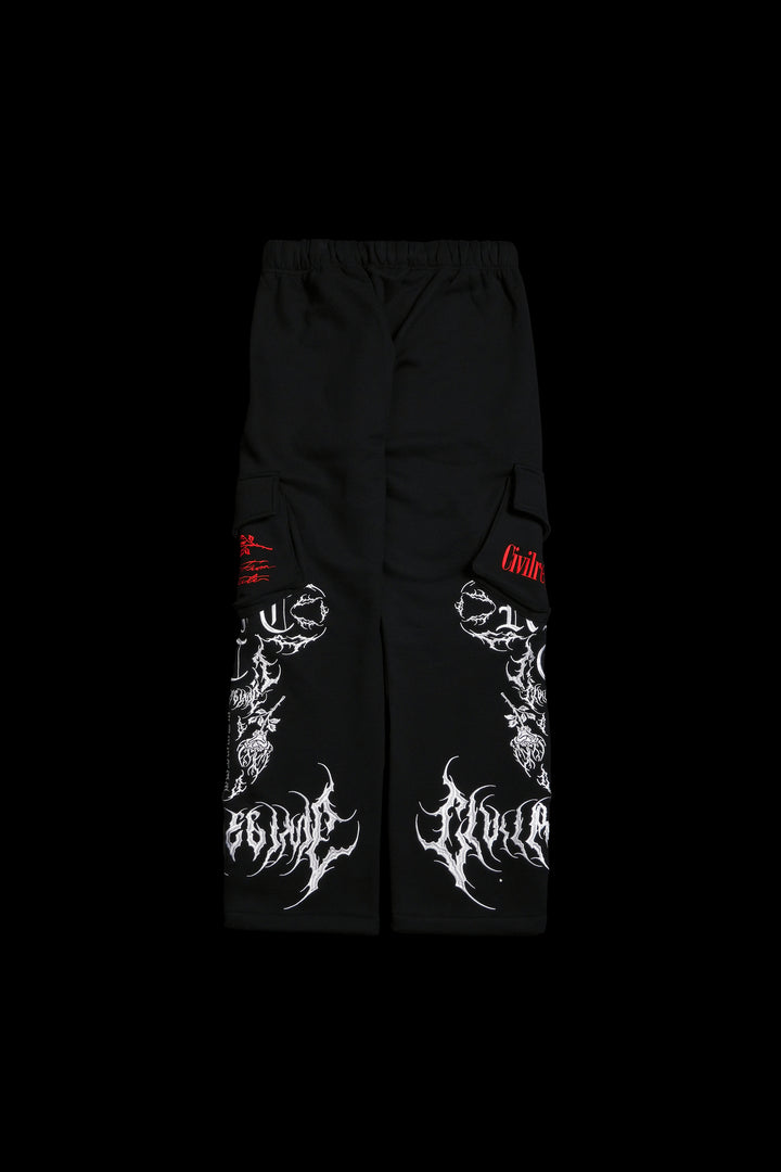 Chaos Regime Wide Leg Cargo Fleece Pants in Black