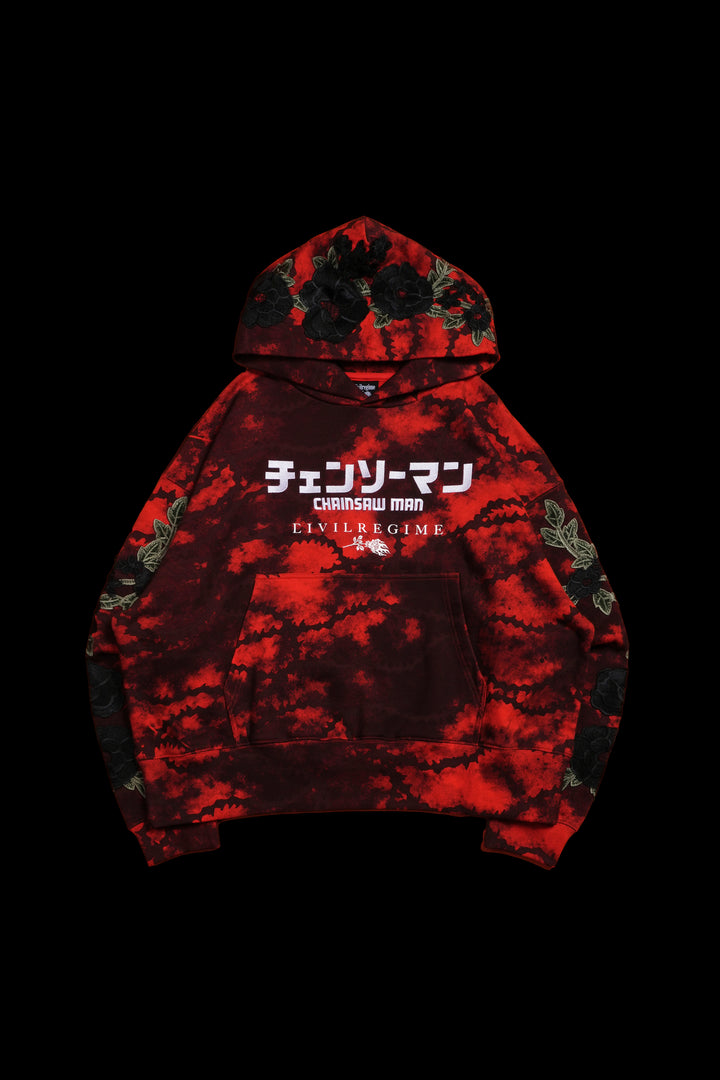 Chainsaw Forever Rose Hoodie in Black/Red Marble Wash