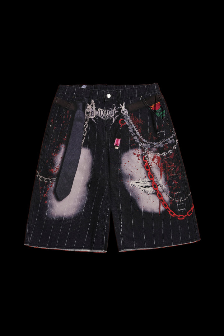 Motor Maniac Long Denim Shorts in Black