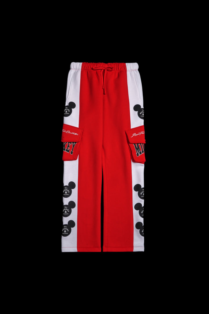 Mickey Wide Leg Cargo Fleece Pants in Red/White