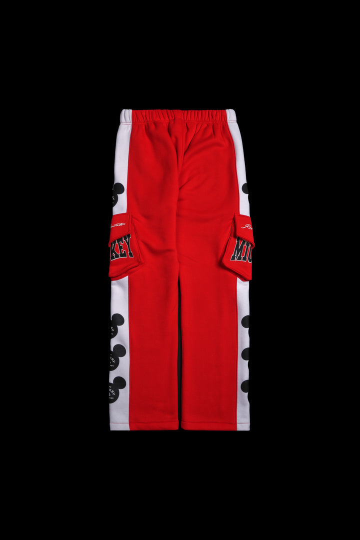 Mickey Wide Leg Cargo Fleece Pants in Red/White
