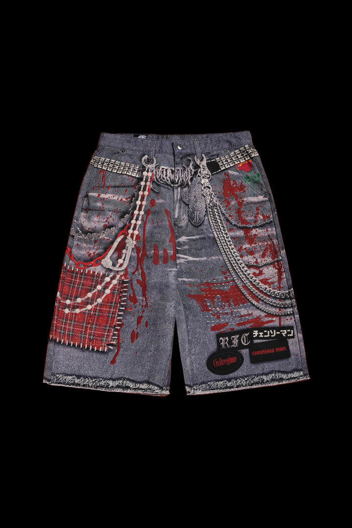 Regime Rebellion Long Denim Shorts in Vintage Black