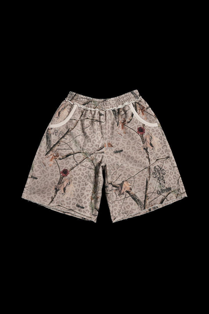 Concrete Sin Fleece Jorts in Sun Wash Real Leopard Camo