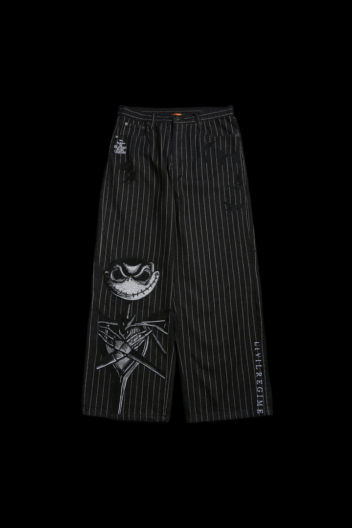 Hell Bound Bats Raw Denim Jeans in Black/White Pinstripe