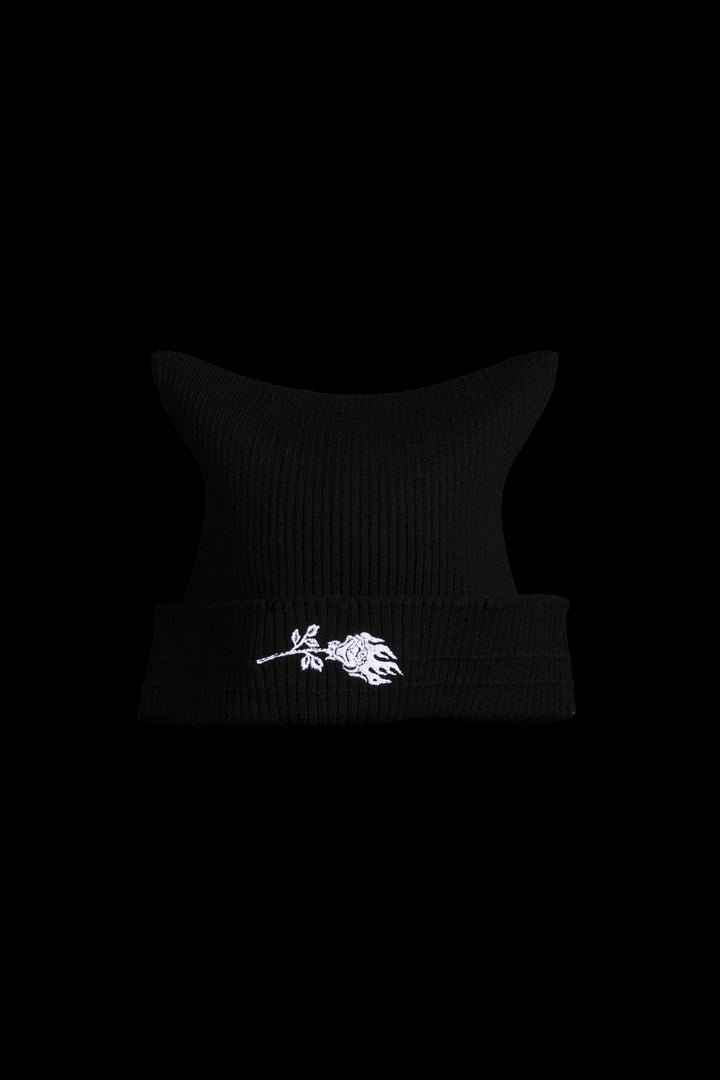 Mysterio Rose Script Horns Beanie in Black