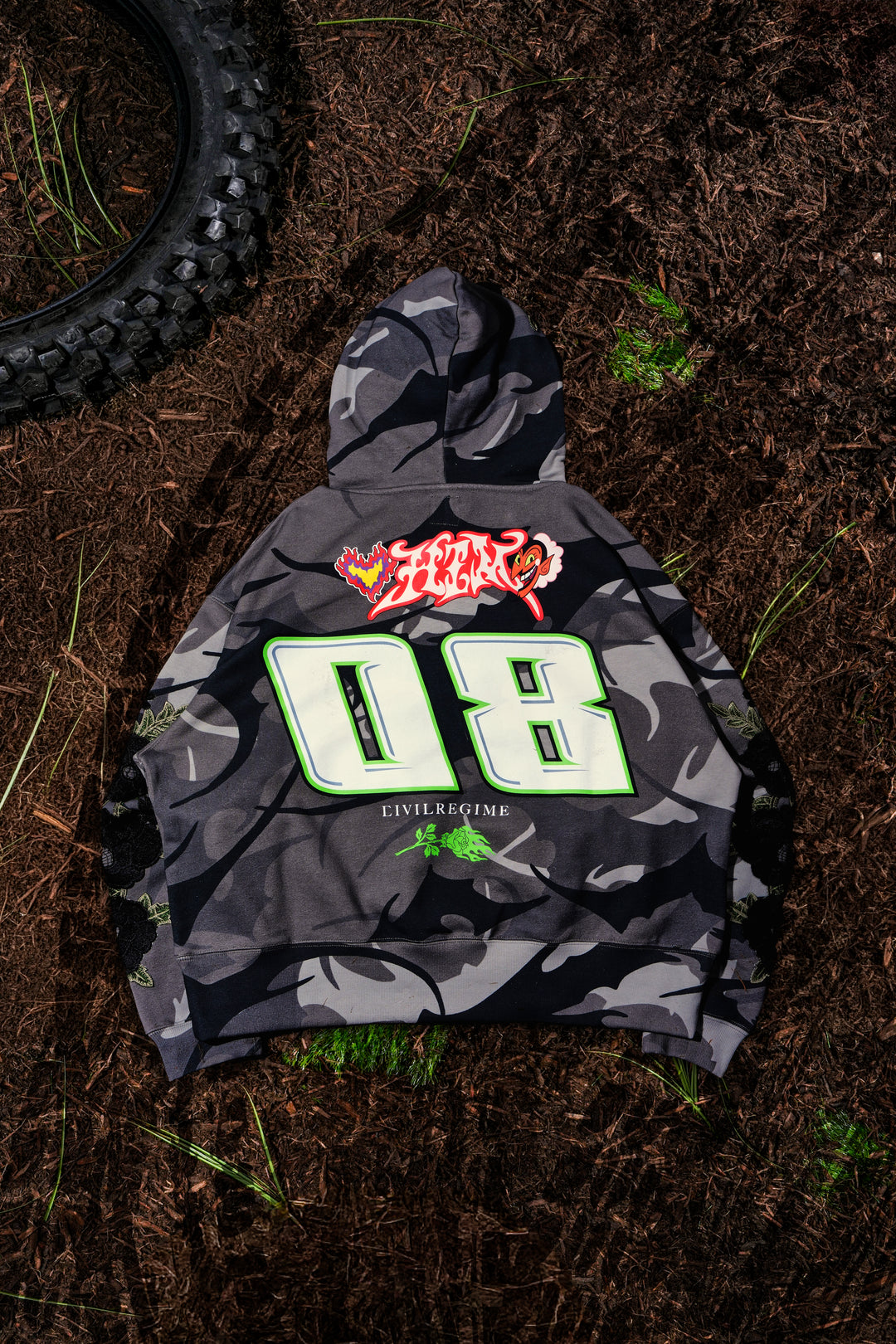 Stray Roses Hoodie in Charcoal Camo