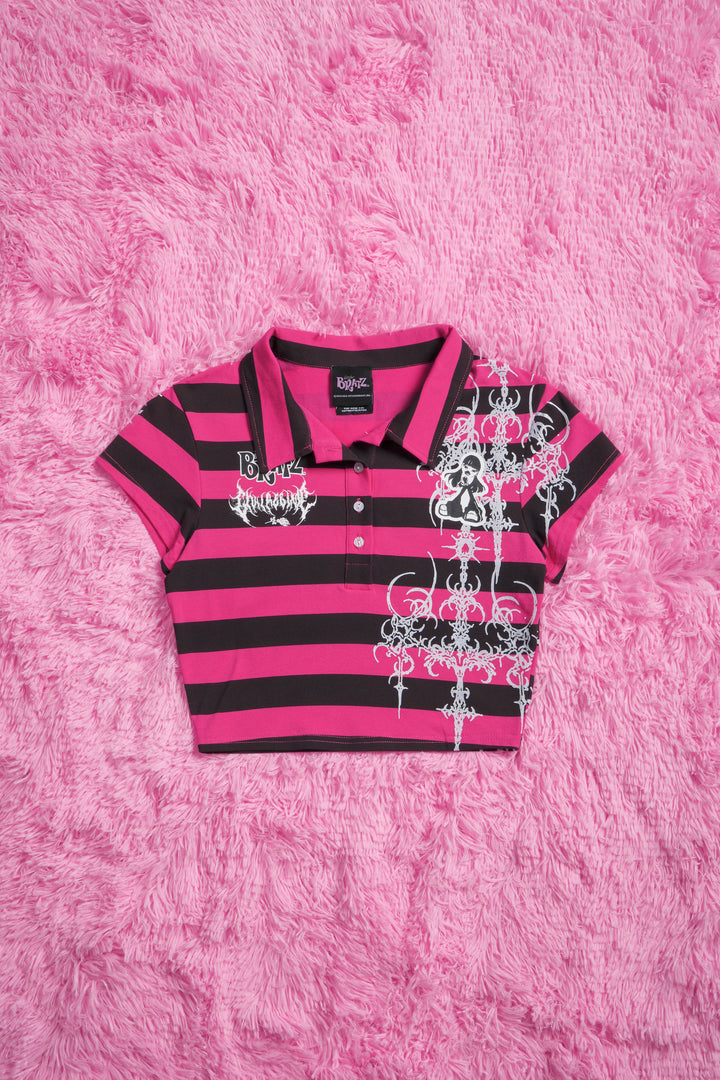Varsity Villain Mini Cropped Polo in Black/Hot Pink