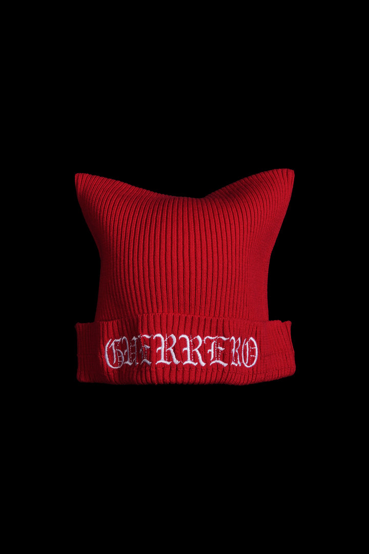 Guerrero Rose Script Horns Beanie in Radiant Red