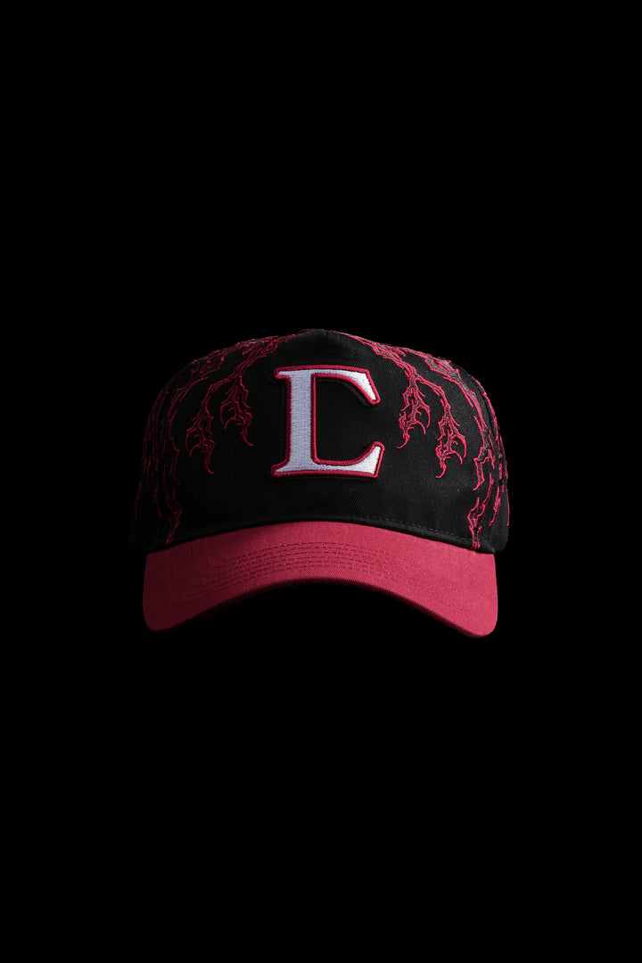 Hollow Veins 5 Panel Strapback Hat in Black/Cherry Red