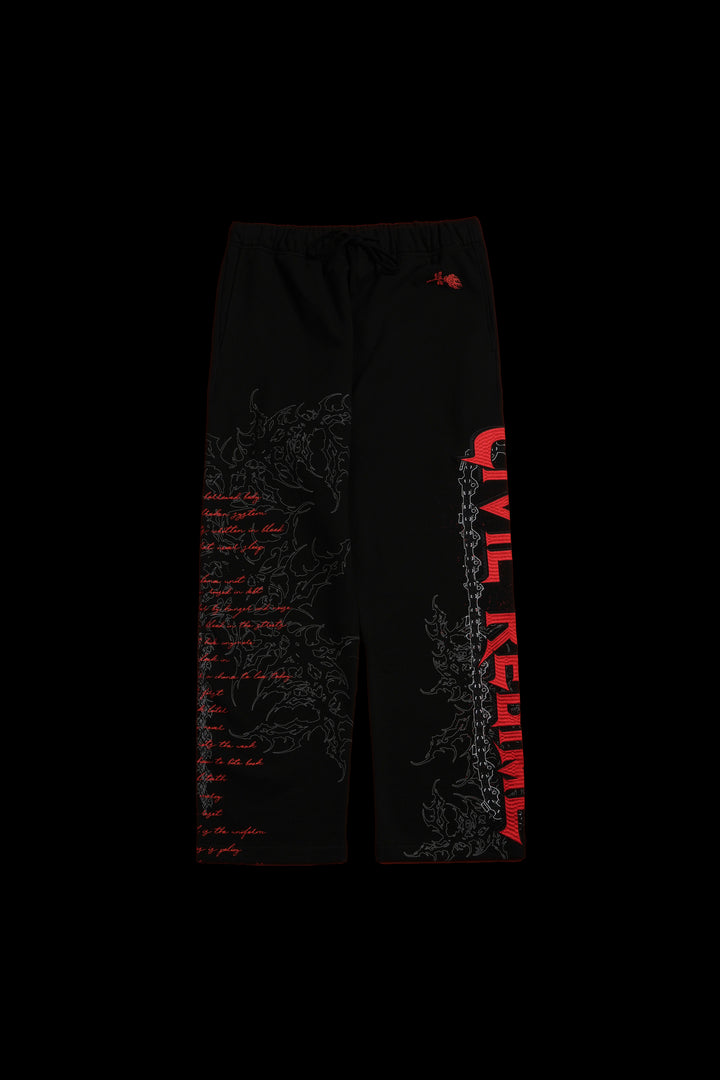 Chaos Is Policy Eternal Wide Leg Fleece Pants in Black