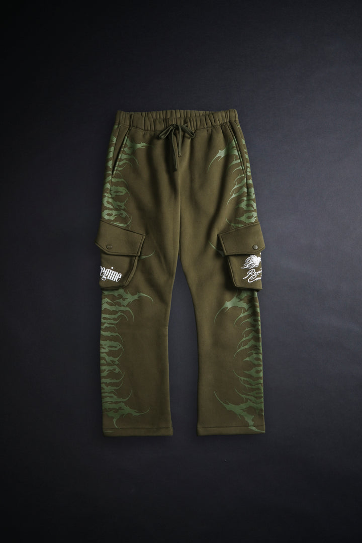 Pure Chaos Wide Leg Cargo Fleece Pants in Olive