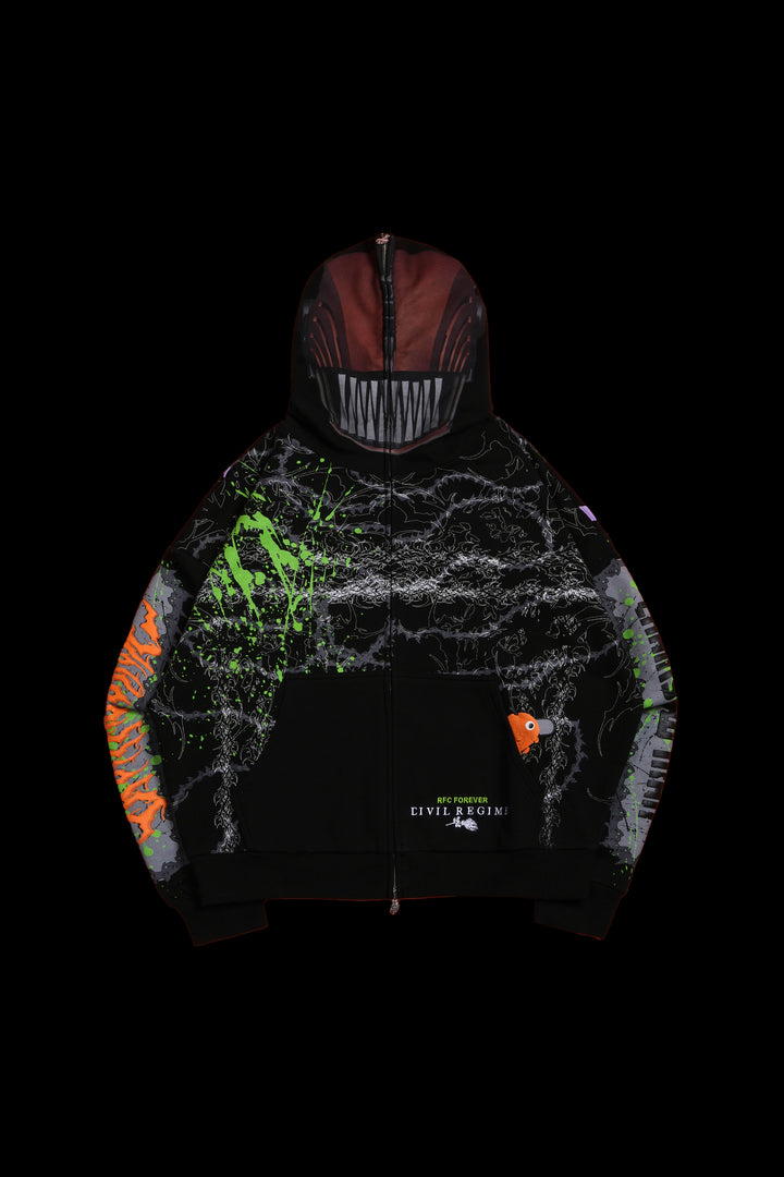 Chain Head Full Zip Up Hoodie in Black