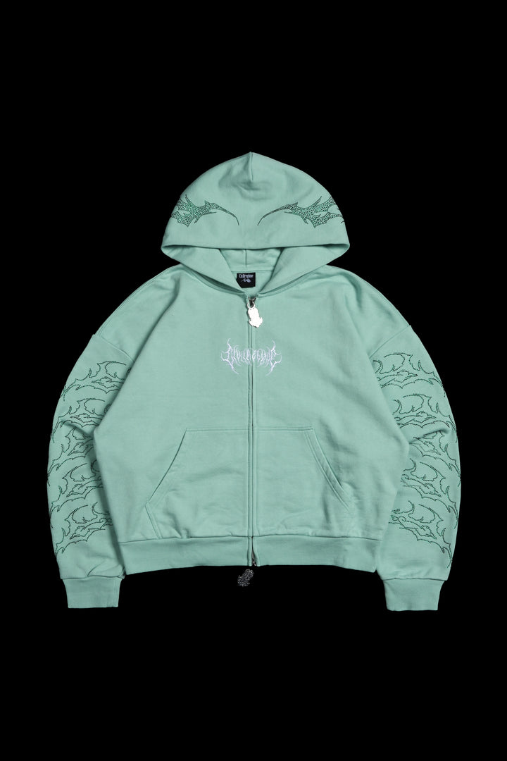 Stone Empire Outliers Distressed Zip Up Hoodie in Sea Moss Green