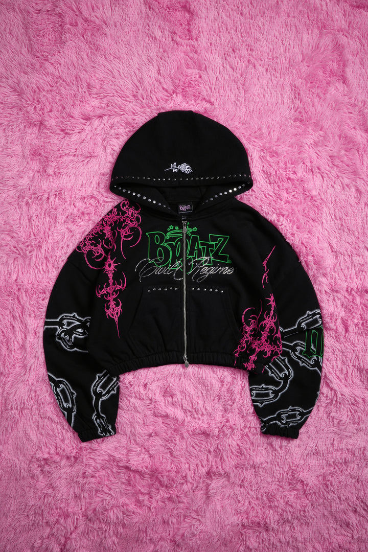 Petal With A Problem Ultra Cropped Zip Hoodie in Black