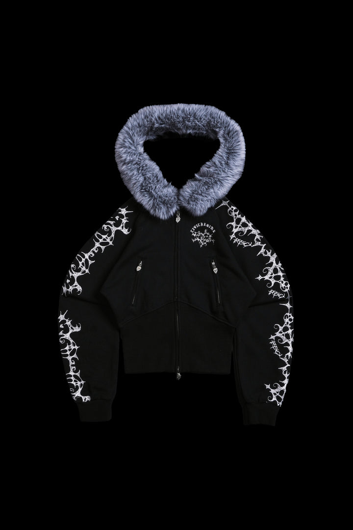 Lover's Lament Angel Cropped Fur Zip Up Hoodie in Black