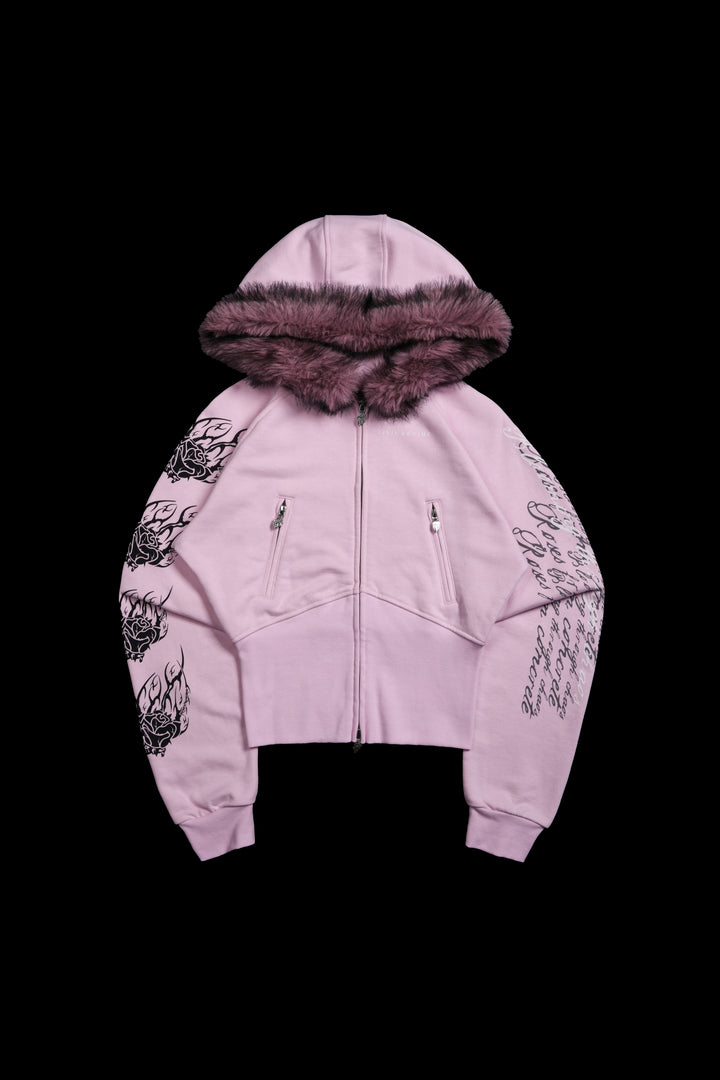 Deadly Alliance Angel Crop Fur Zip Up Hoodie in Baby Pink