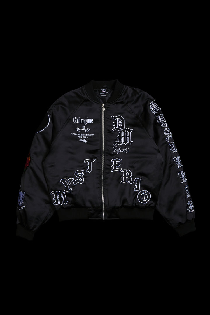 Dirty Dom Satin Bomber Zip Jacket in Black