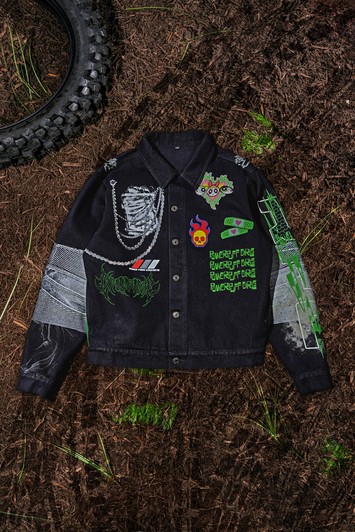 Throttle Sparks Raw Denim Jean Jacket in Black Washed Denim