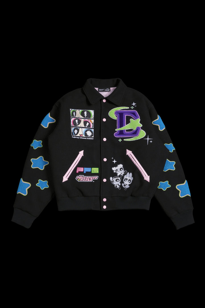 Interstellar Bloom Collared Letterman Jacket in Black
