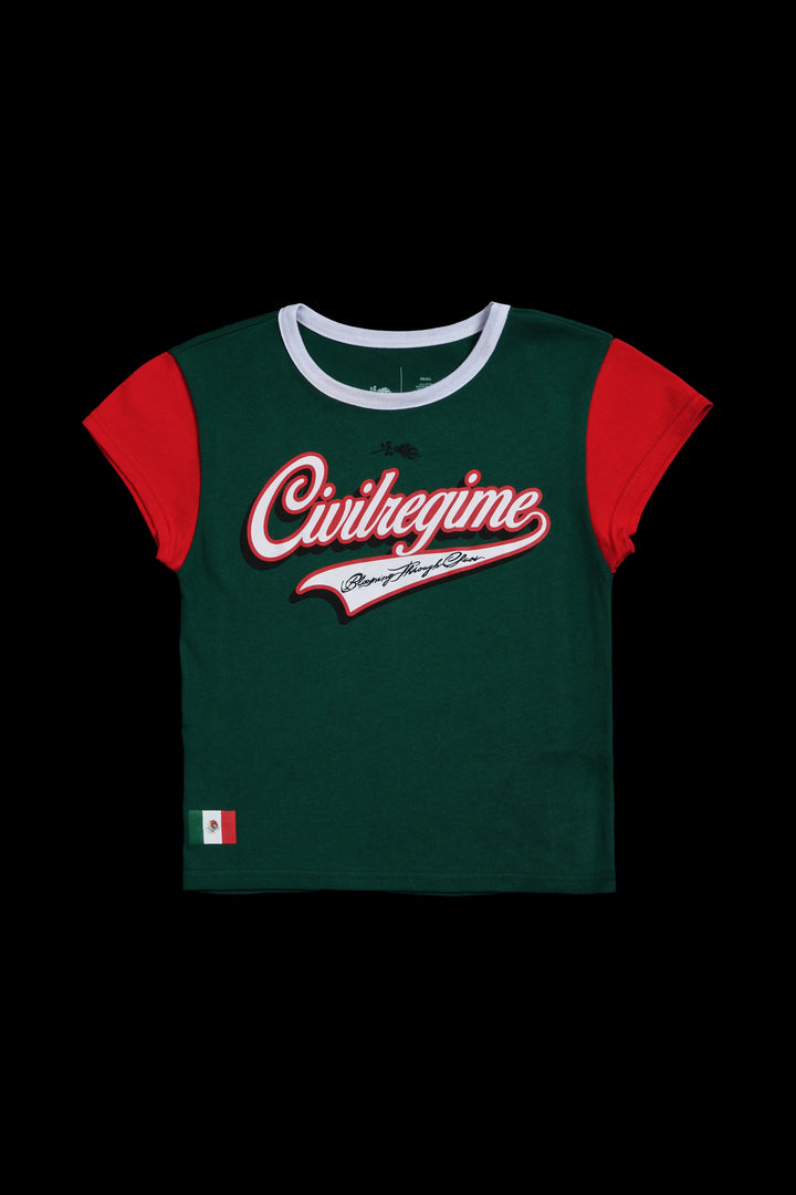 La Jefa Baby Tee in Deep Green/Radiant Red/White