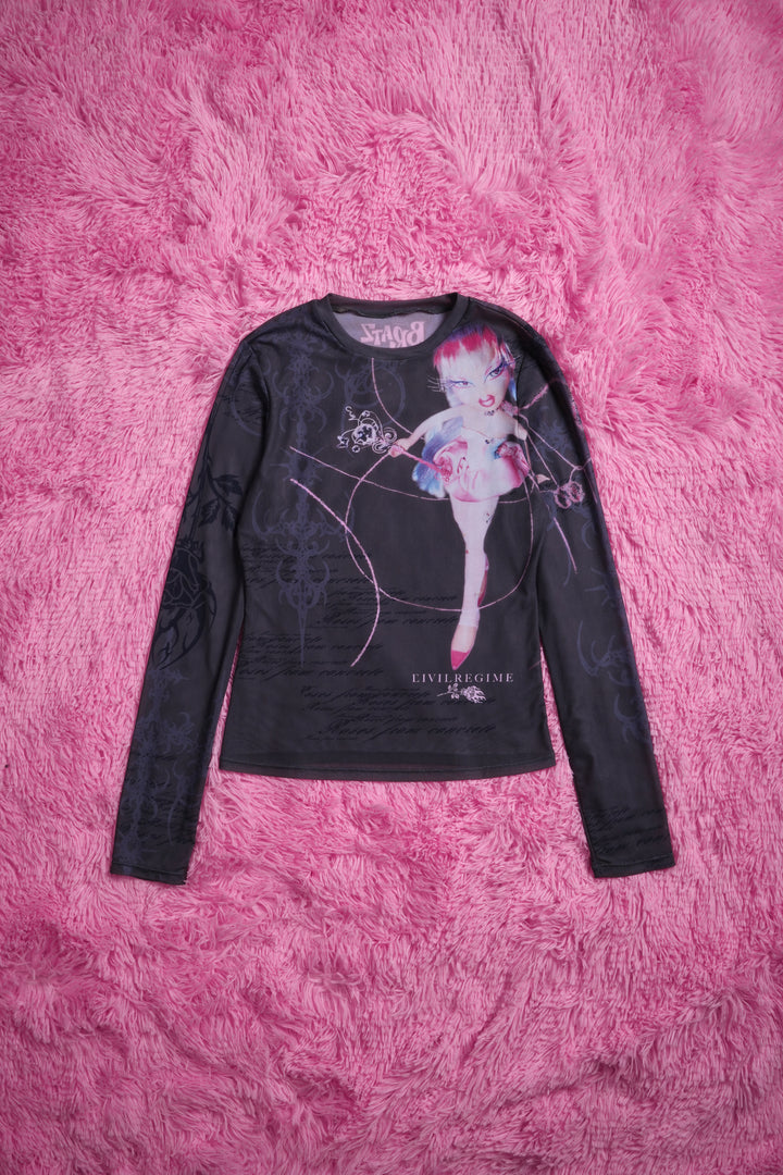 Soft Chaos Mesh Cropped L/S Tee in Black