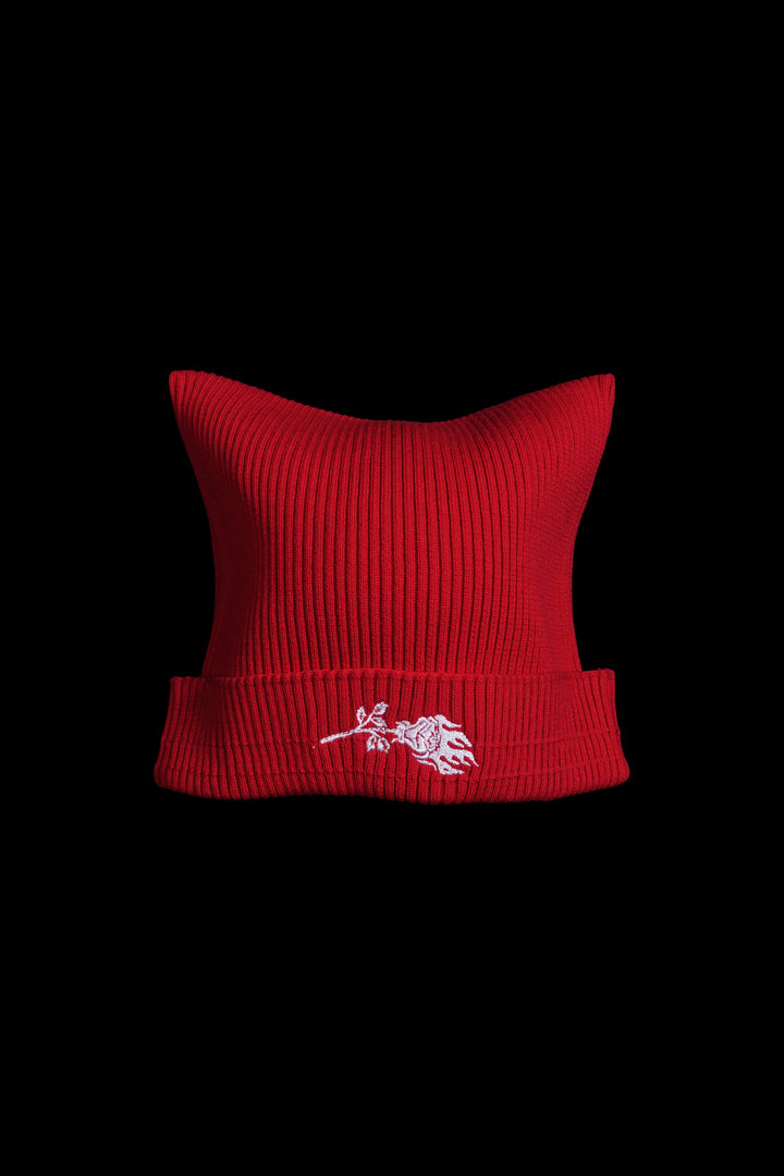 Guerrero Rose Script Horns Beanie in Radiant Red