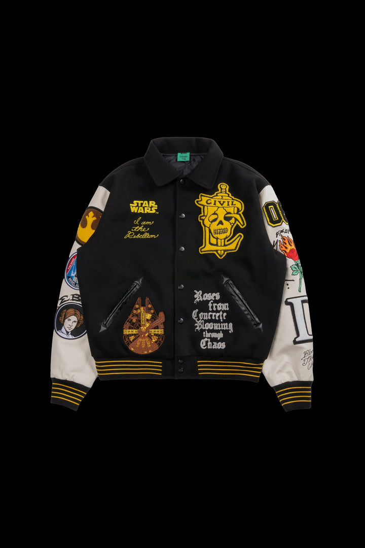 Rebellion Collared Letterman Jacket in Black/Natural