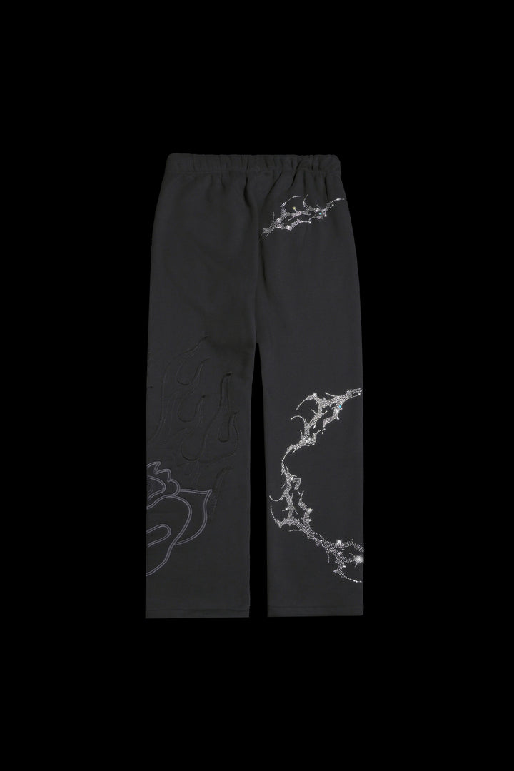 Bad Bih Rhinestone Wide Leg Fleece Pants in Black