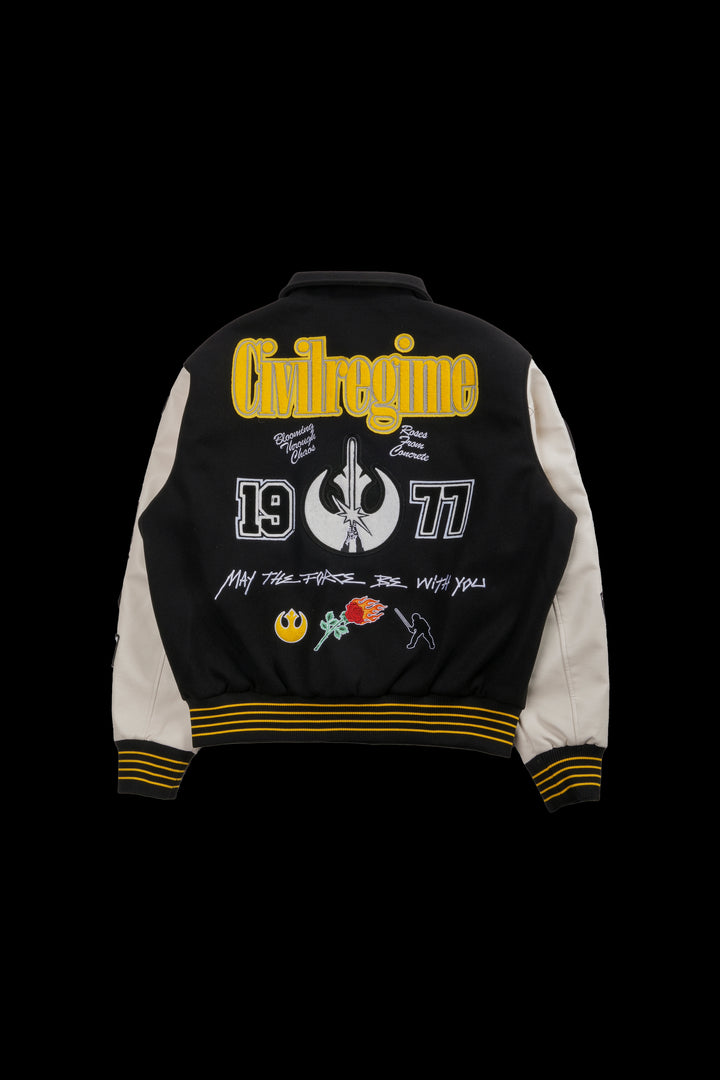 Rebellion Collared Letterman Jacket in Black/Natural