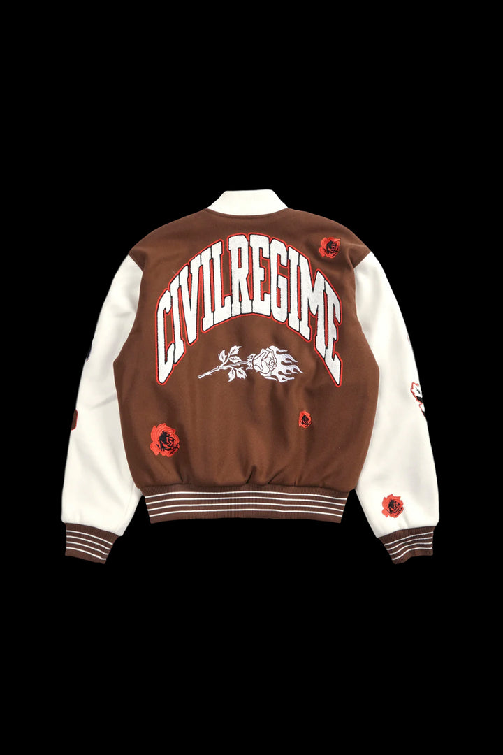 Rose Garden Letterman Jacket in Butter/Reaper Brown