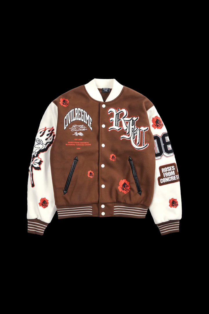Rose Garden Letterman Jacket in Butter/Reaper Brown