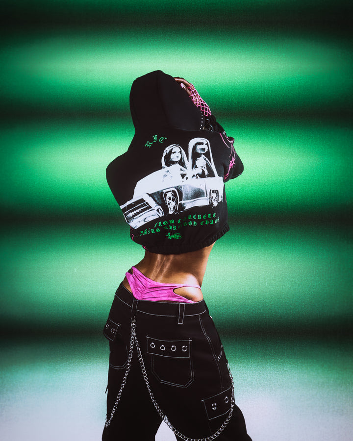 Petal With A Problem Ultra Cropped Zip Hoodie in Black