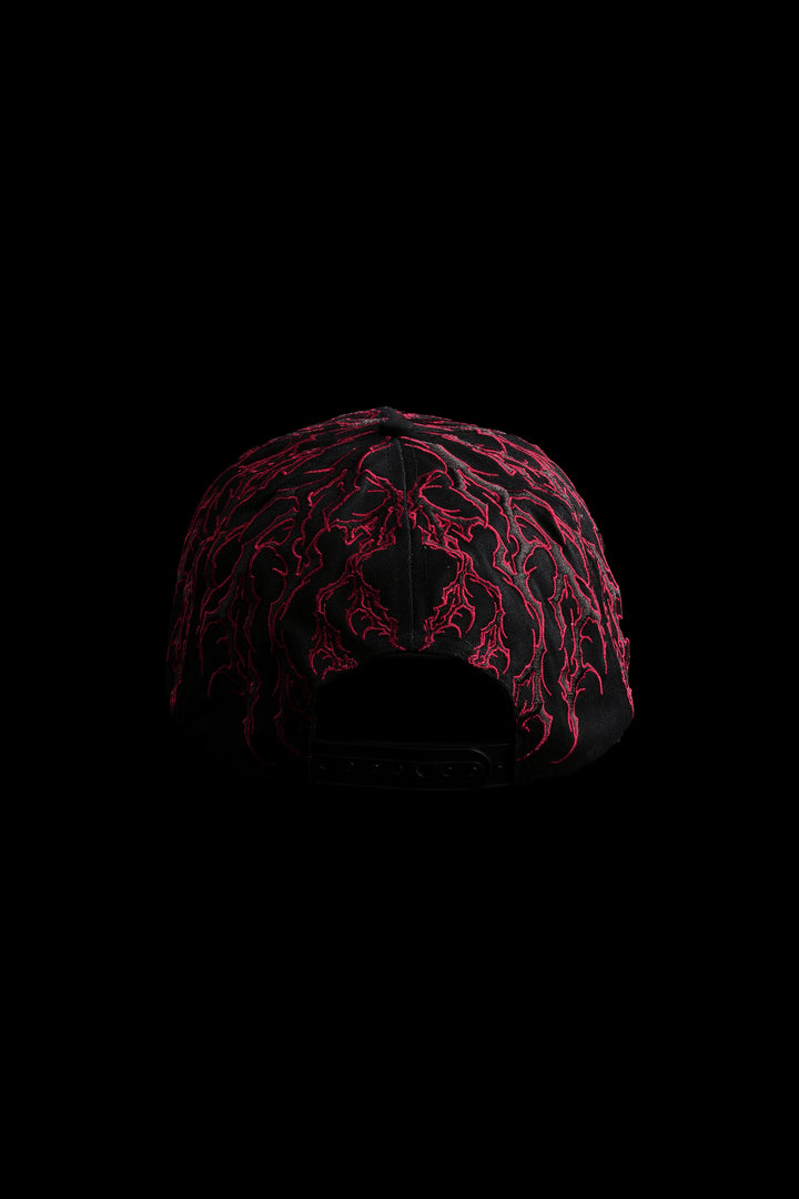 Hollow Veins 5 Panel Strapback Hat in Black/Cherry Red