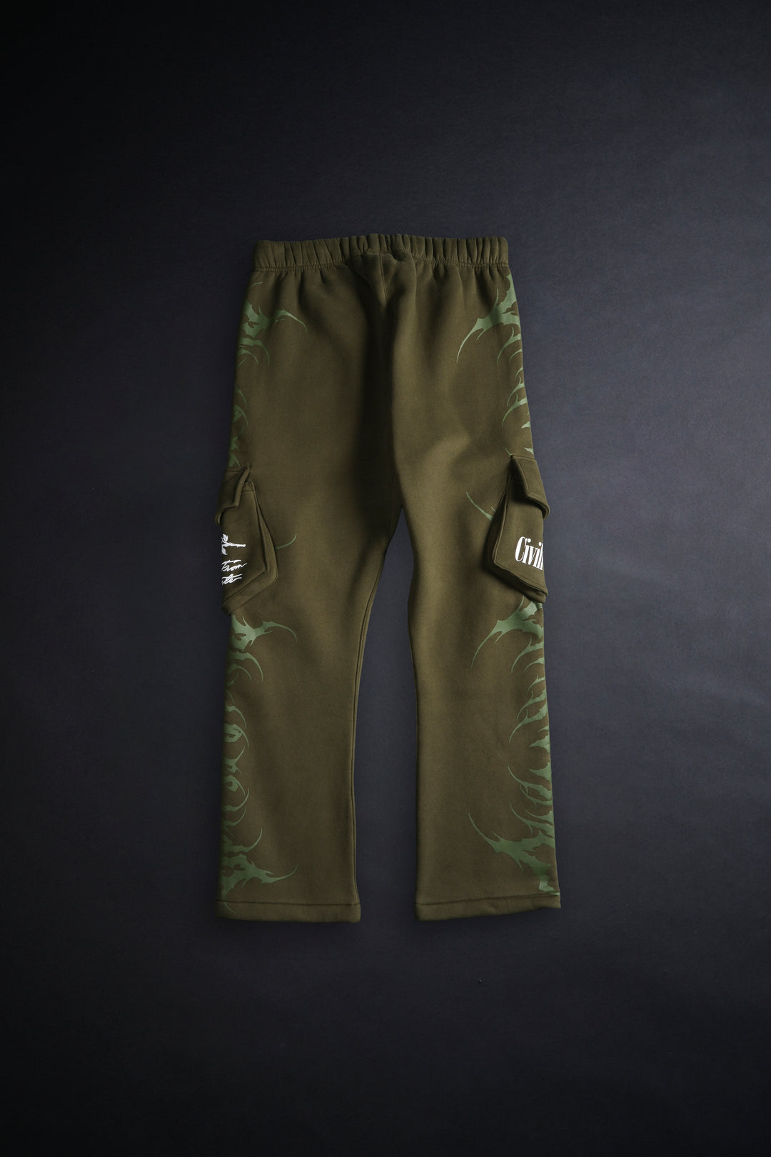 Pure Chaos Wide Leg Cargo Fleece Pants in Olive