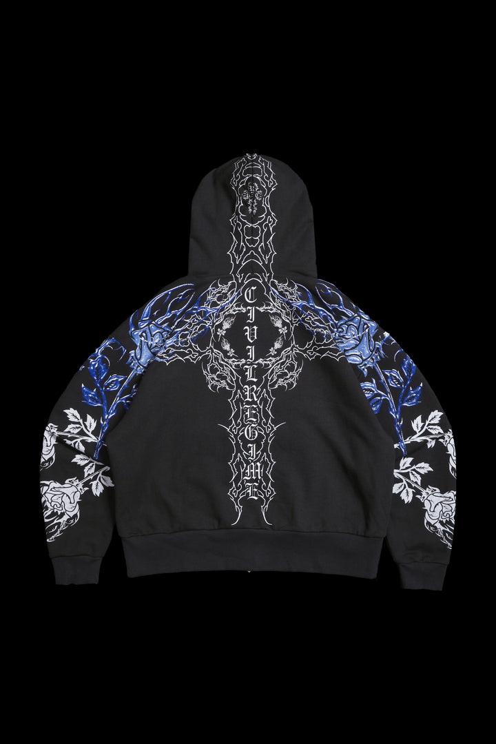 Corpse Flame Outliers Distressed Zip Up Hoodie in Charcoal