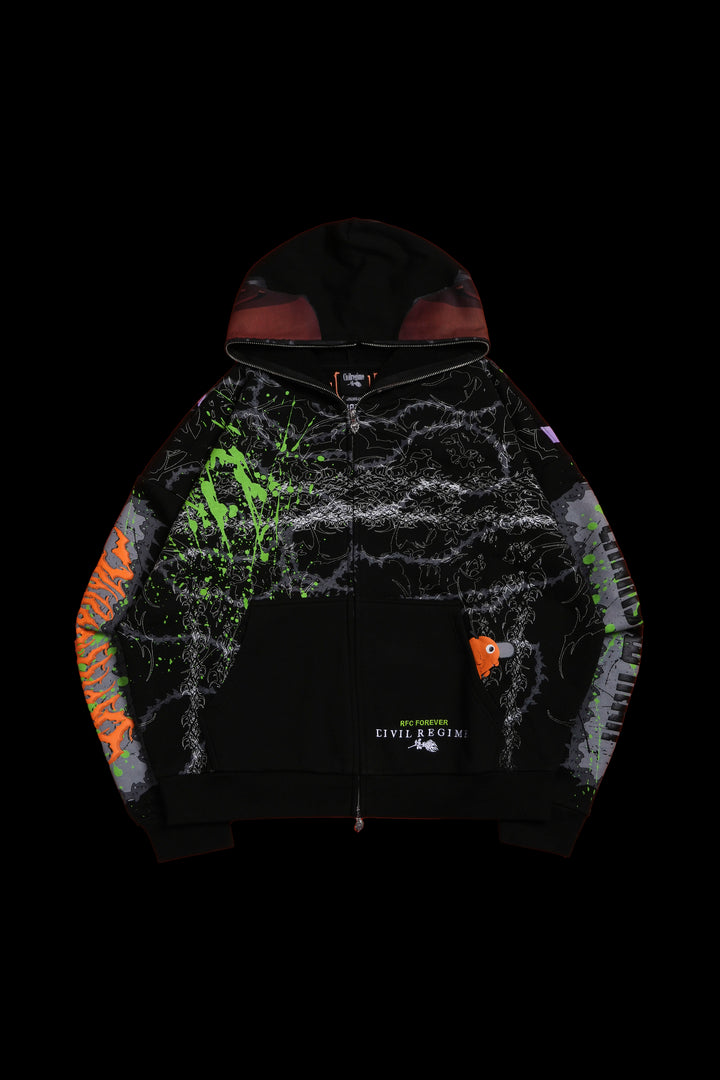 Chain Head Full Zip Up Hoodie in Black