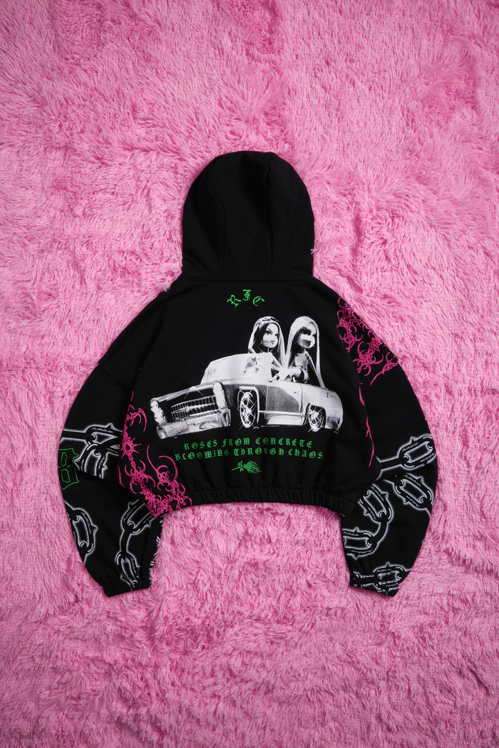 Petal With A Problem Ultra Cropped Zip Hoodie in Black
