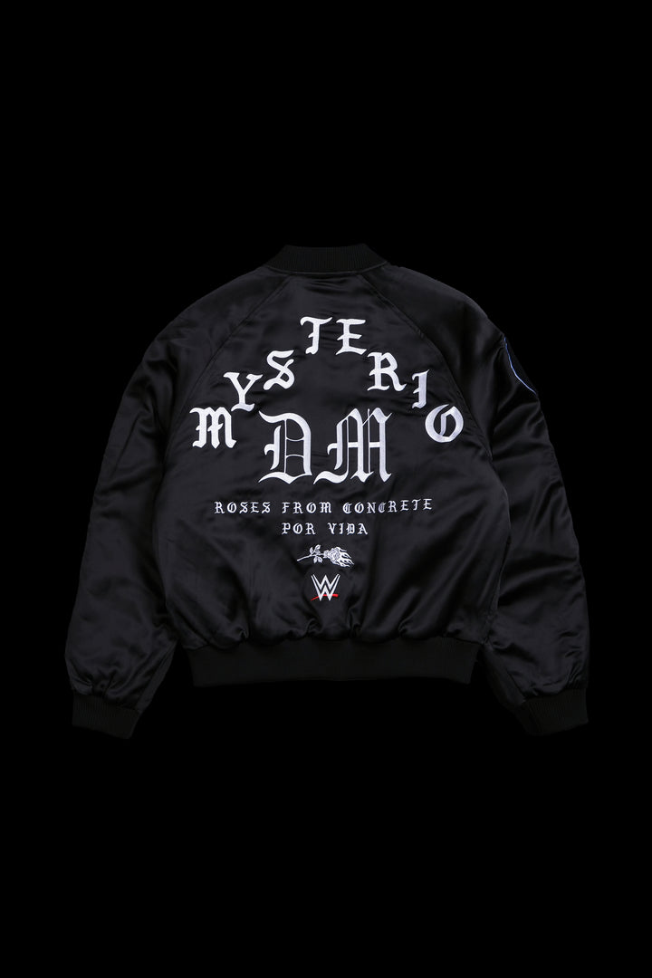 Dirty Dom Satin Bomber Zip Jacket in Black