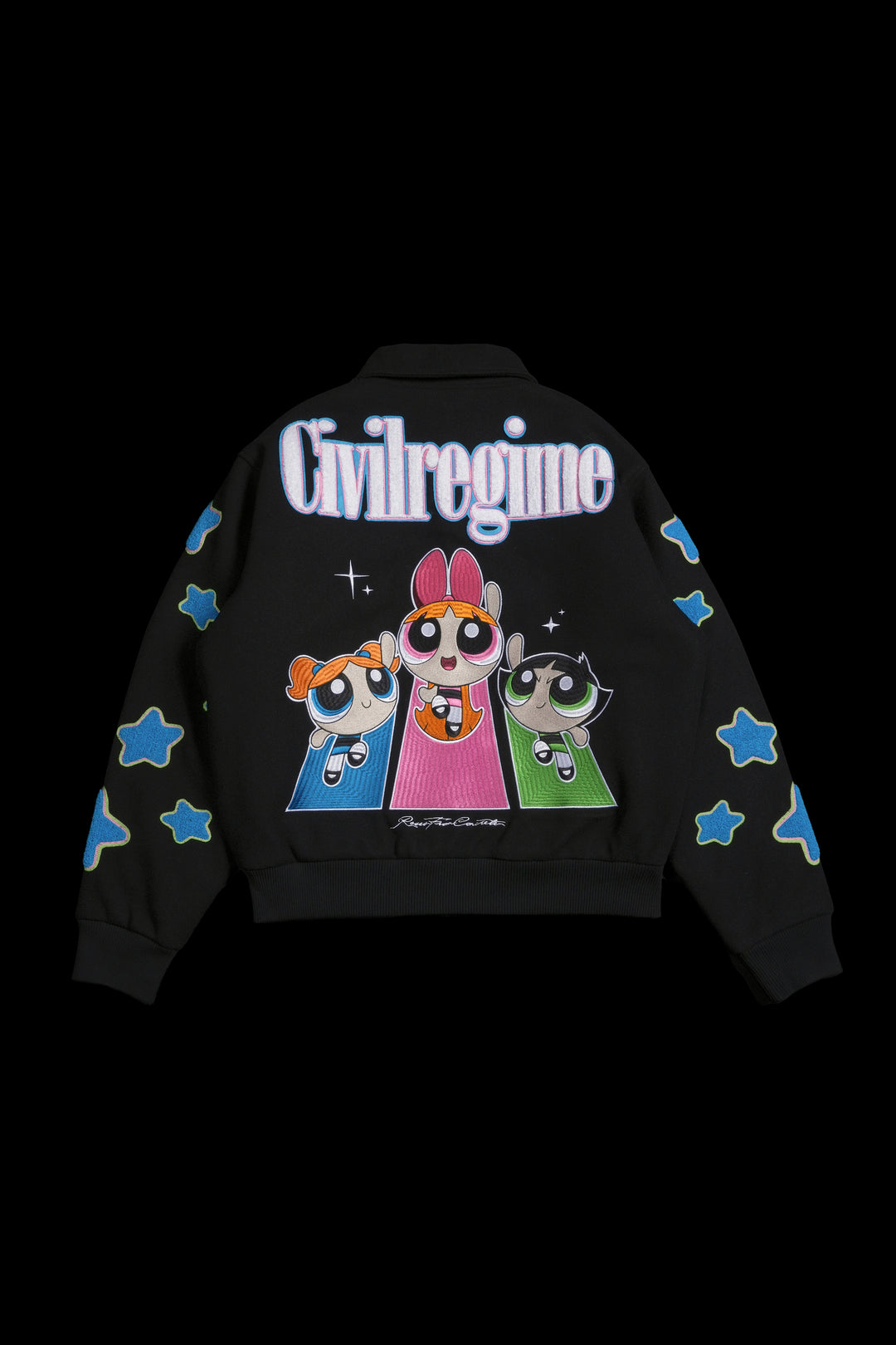 Interstellar Bloom Collared Letterman Jacket in Black