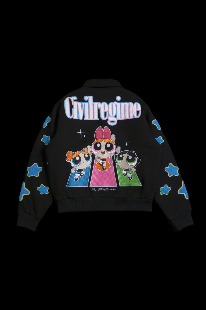 Interstellar Bloom Collared Letterman Jacket in Black