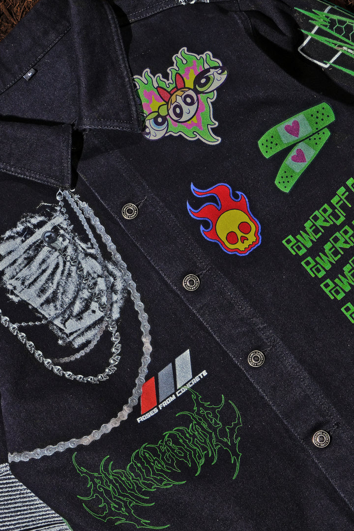 Throttle Sparks Raw Denim Jean Jacket in Black Washed Denim