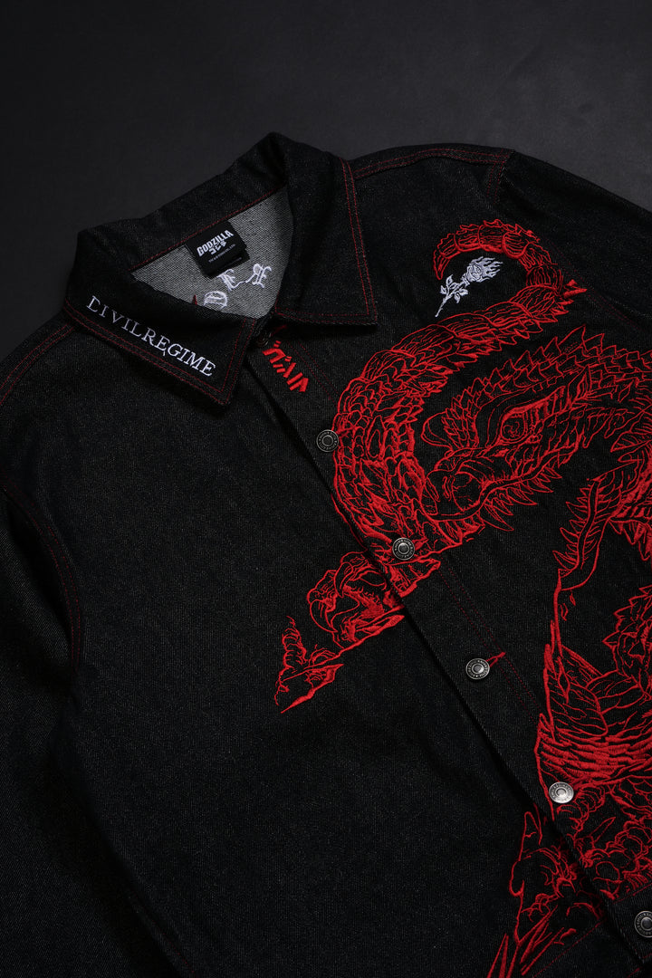 Flames And Agony Raw Denim Jean Jacket in Black