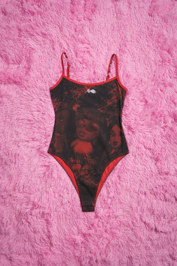 With The Girls Pookie Cami Bodysuit in Black/Red Marble
