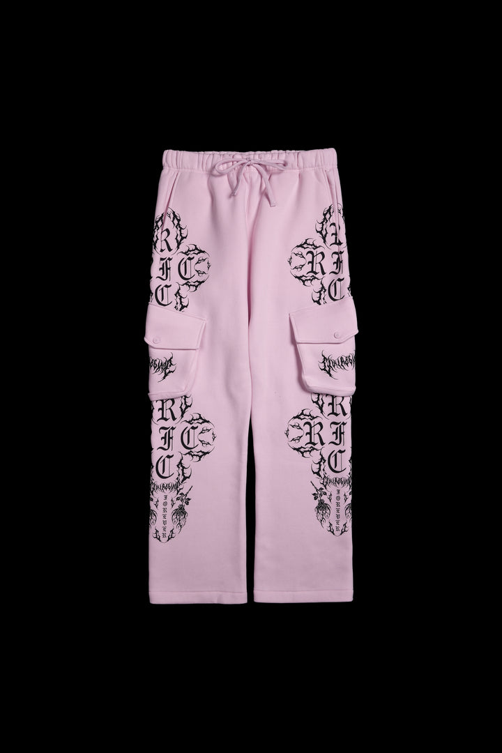 Roses Forever Wide Leg Cargo Fleece Pants in Baby Pink