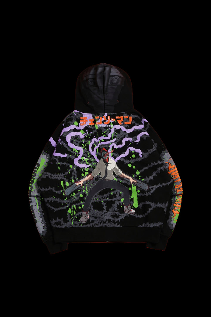 Chain Head Full Zip Up Hoodie in Black