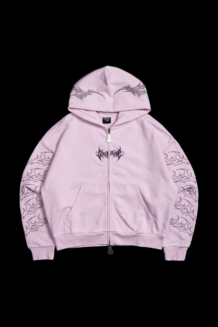 Stone Empire Outliers Distressed Zip Up Hoodie in Baby Pink