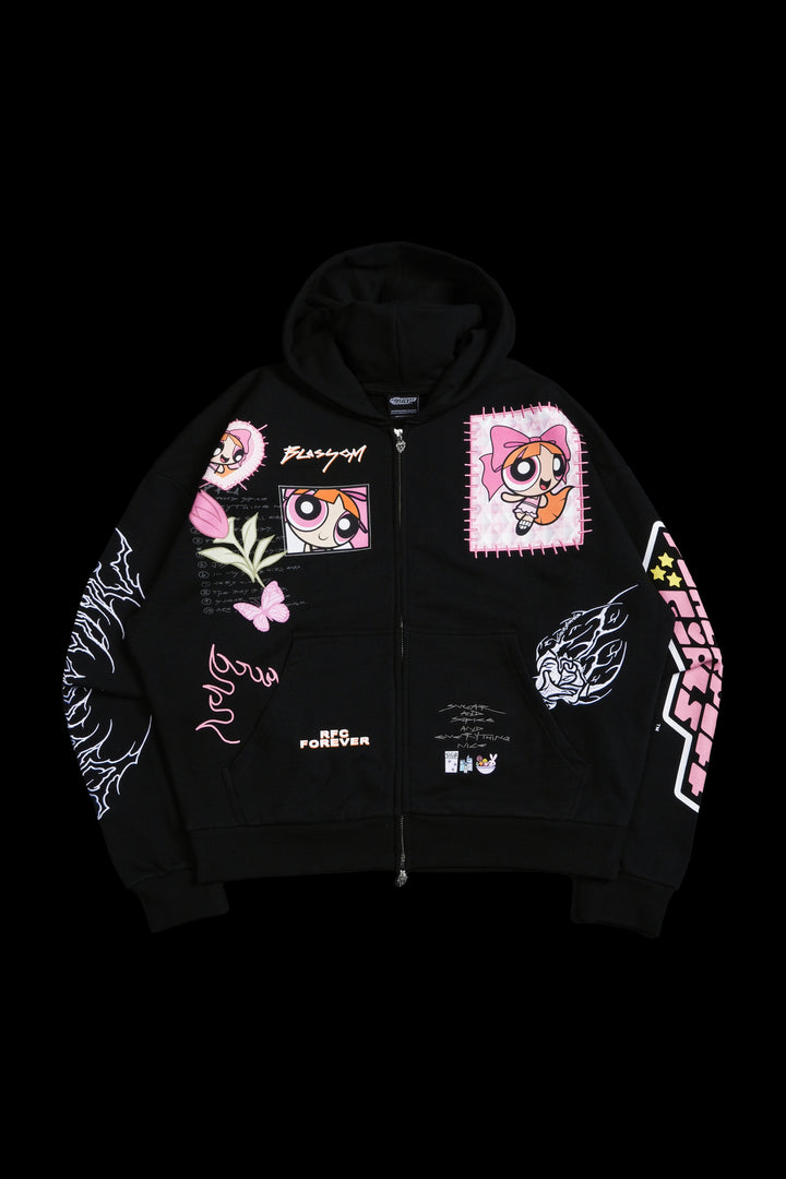 Blossom's Spirit Distressed Zip Up Hoodie in Black