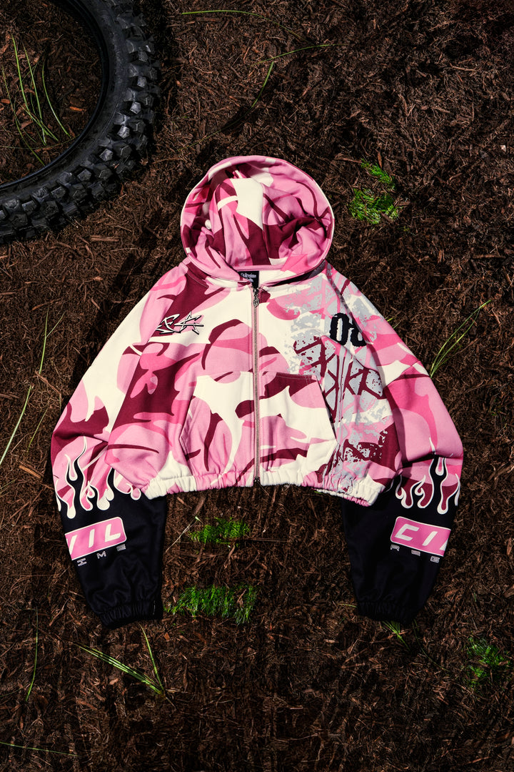 WMX Dept Ultra Crop Zip Up Hoodie in Baby Pink Camo