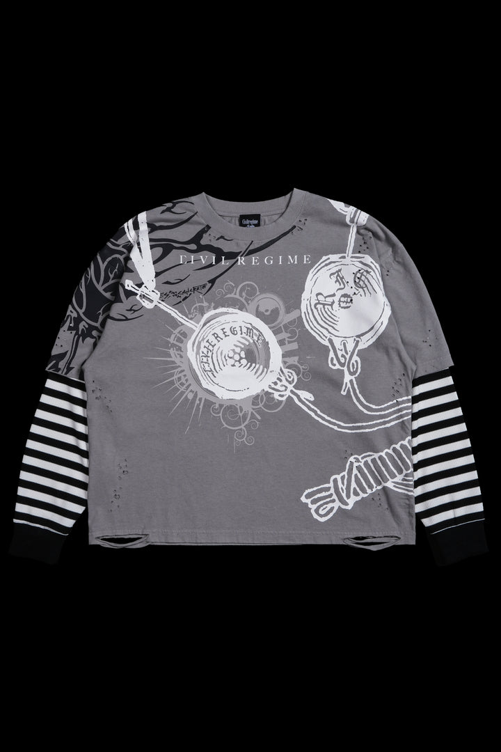 Music On, World Off Distressed Twofer in Ash Gray Stripe Black/Gray